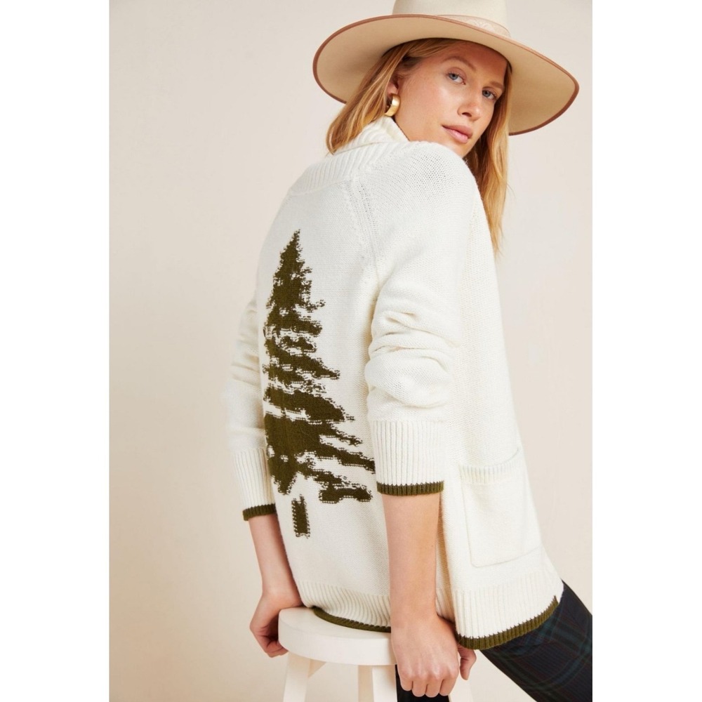 Anthropologie Evergreen Christmas Tree Knit Cardigan Sweater Womens Size Medium